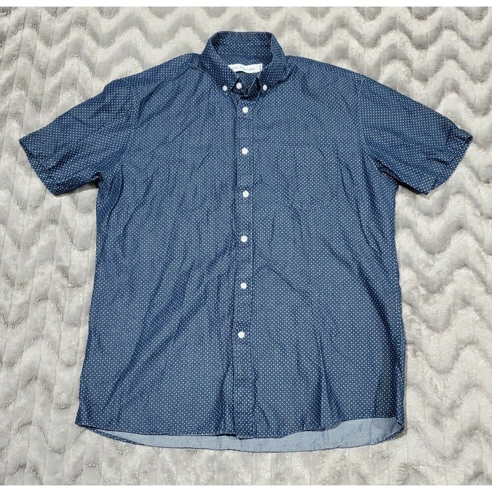 National Standards Mens XL Blue Polka Dot Button Down Short Sleeve Camp Shirt